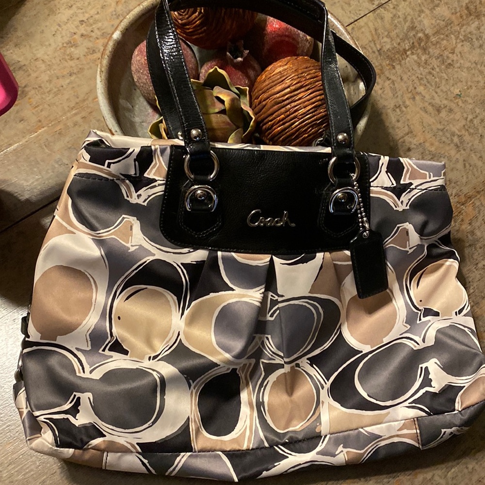 Coach handbag, gray, black, tan, ecru.